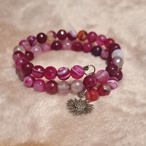 Pink Agate Beaded Wrap Bracelet with Sunflower Charm - Unbranded